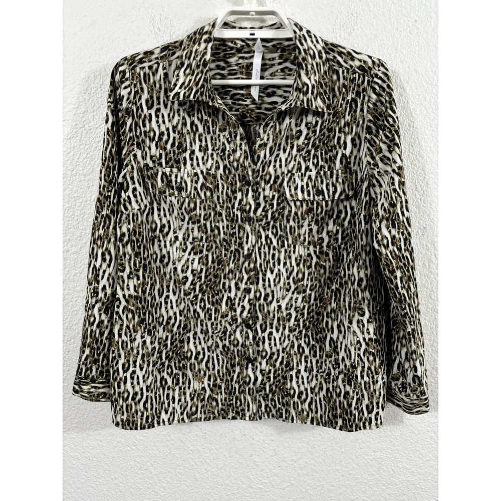 NY Collection Shirt Womens Petite Large Brown Animal Print Button Front
